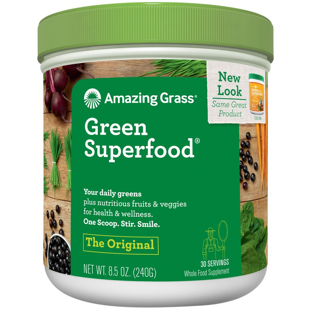 Package photograph of an unflavored green superfood powder