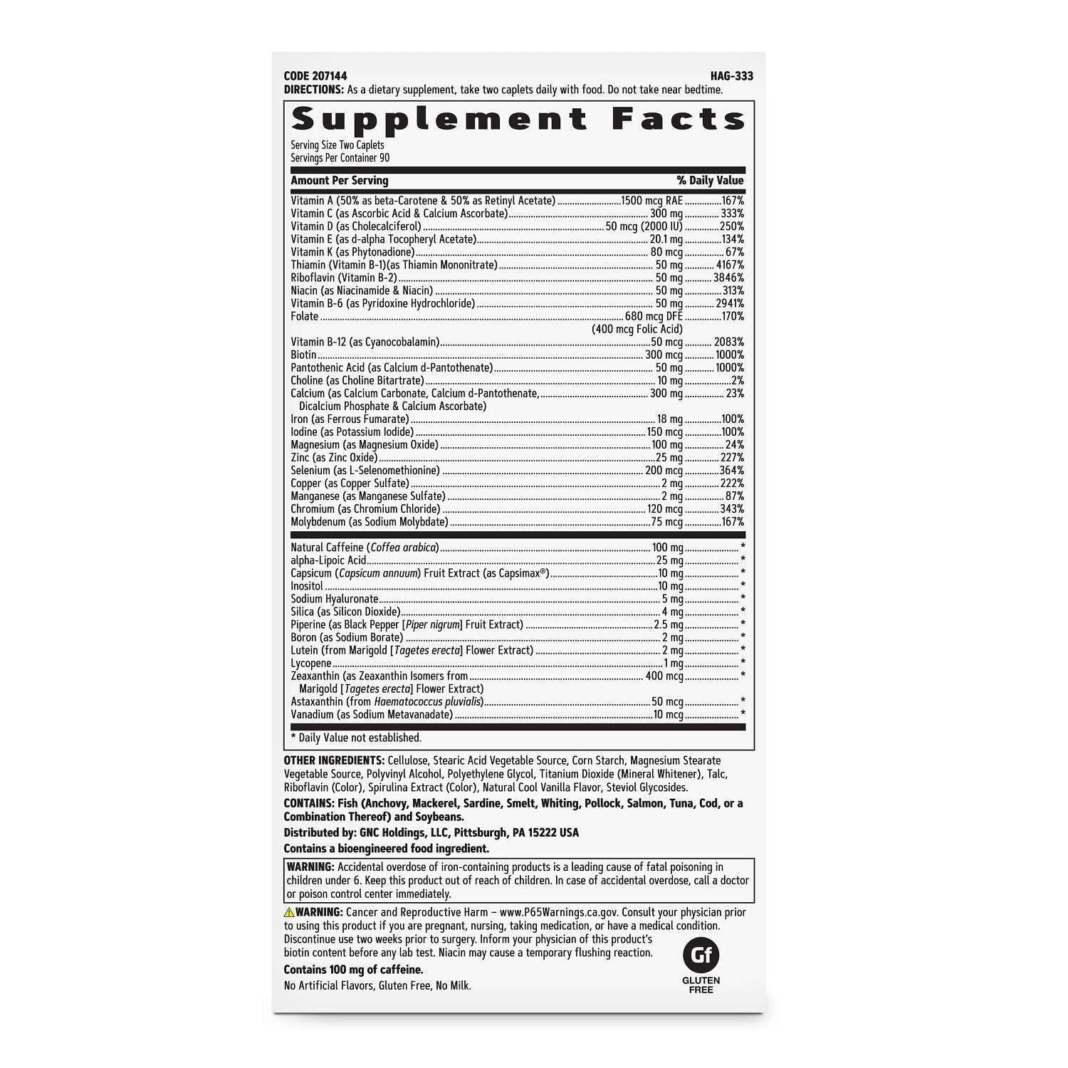 Carton back-panel photograph for a GNC women's multivitamin caplet product