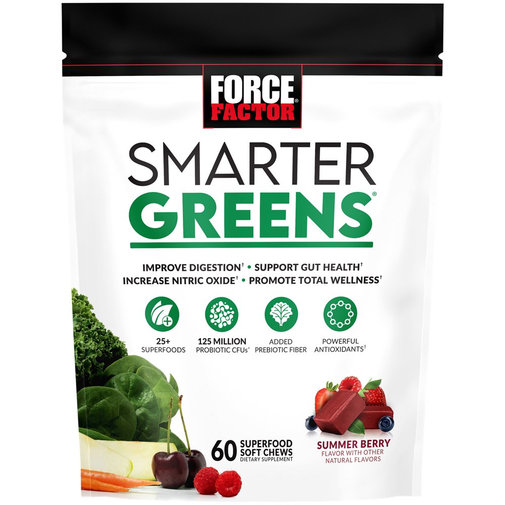 Package photograph of greens soft chews that include probiotics and fiber