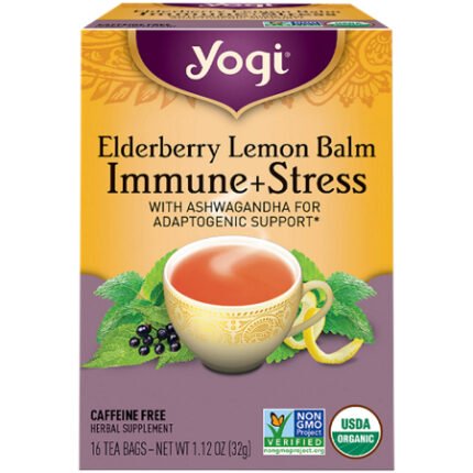 Yogi Tea Elderberry Lemon Balm Immune & Stress Support Tea – Caffeine Free (16 Tea Bags)