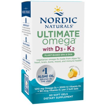 Ultimate Omega with D3 + K2 - 1,210MG Plant-Based EPA & DHA - Lemon (60 Softgels) — product packaging