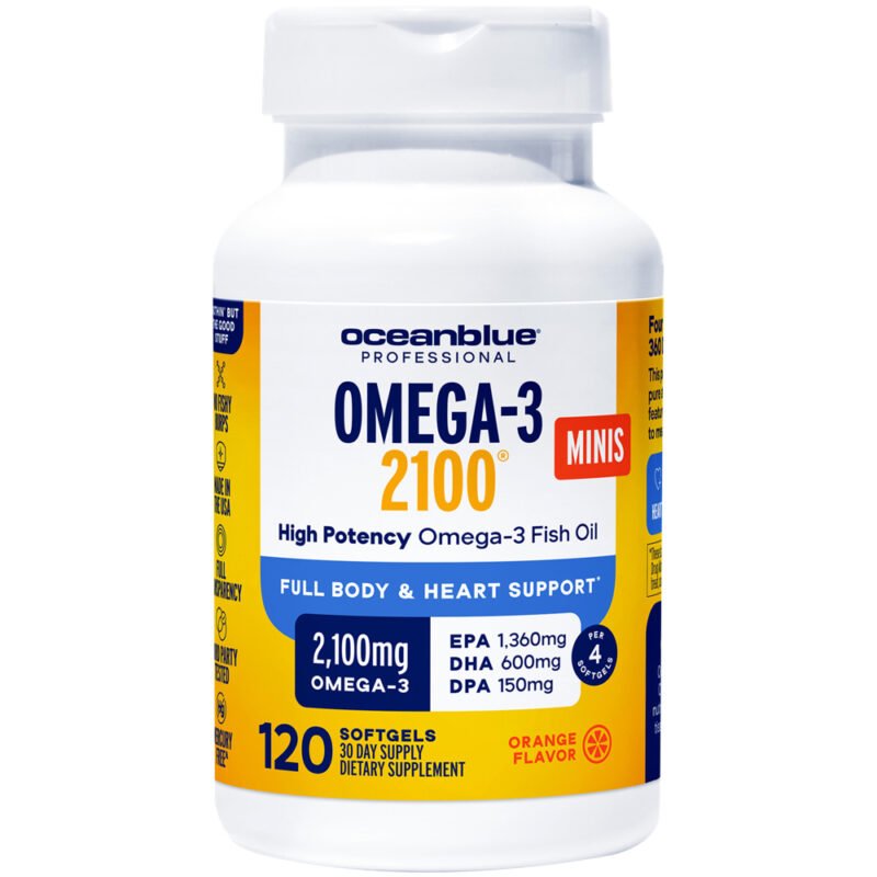 Omega-3 2100 Minis - High Potency Omega-3 Fish Oil for Full Body & Heart Support - Orange (120 Softgels) — product packaging