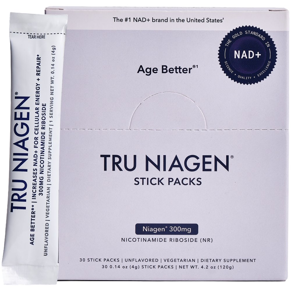 Tru Niagen Stick Packs for Daily NAD+ Boost - 300mg Niagen - Unflavored (30 Packets) Tru Niagen Stick Packs for Daily NAD+ Boost - 300mg Niagen - Unflavored (30 Packets) — product packaging