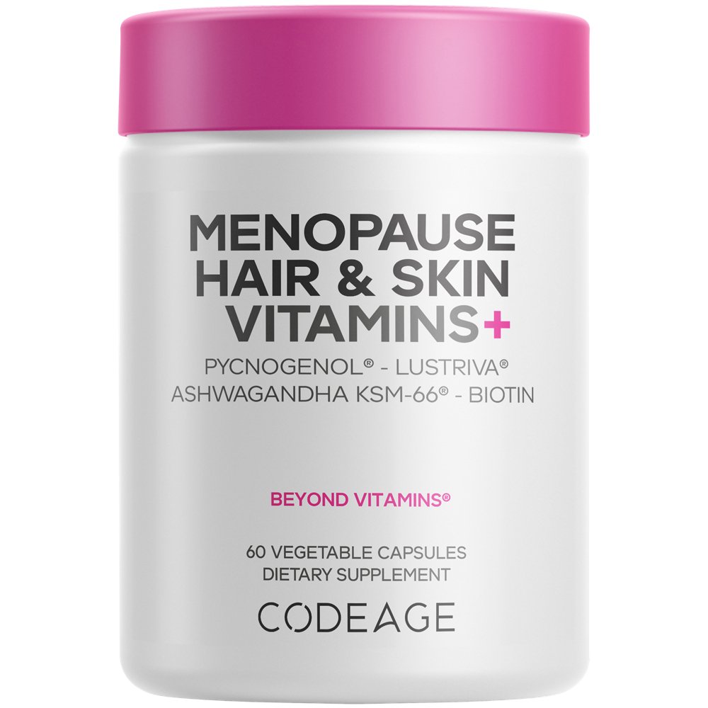 Menopause Hair & Skin Vitamins - Ashwagandha KSM-66, Chasteberry, Black Cohosh & Wild Yam (30 Servings) — product packaging