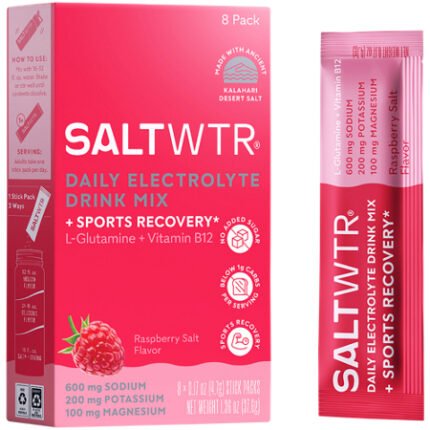 SaltWTR Daily Electrolyte Drink Mix + Sports Recovery – Raspberry Salt (0.17 oz./8 Stick Packs)