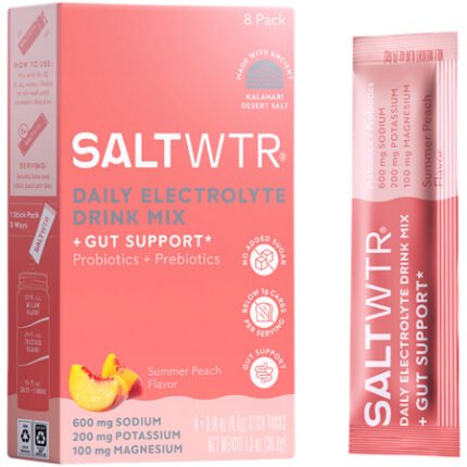 SaltWTR Daily Electrolyte Drink Mix + Gut Support – Summer Peach (0.16 oz./8 Stick Packs)