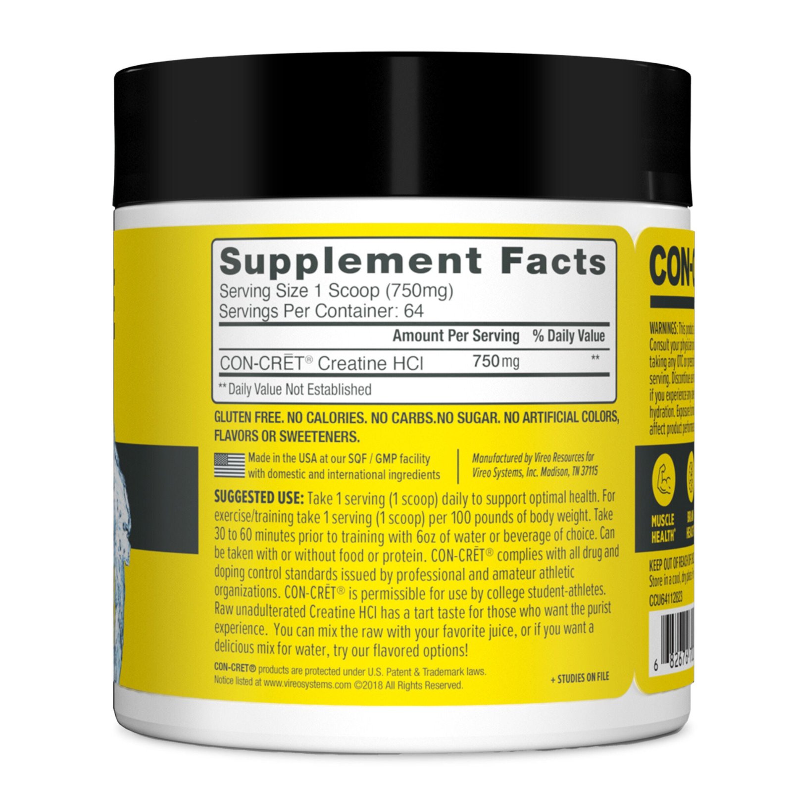Back label of an unflavored creatine HCl powder for checking the declared form and serving basis