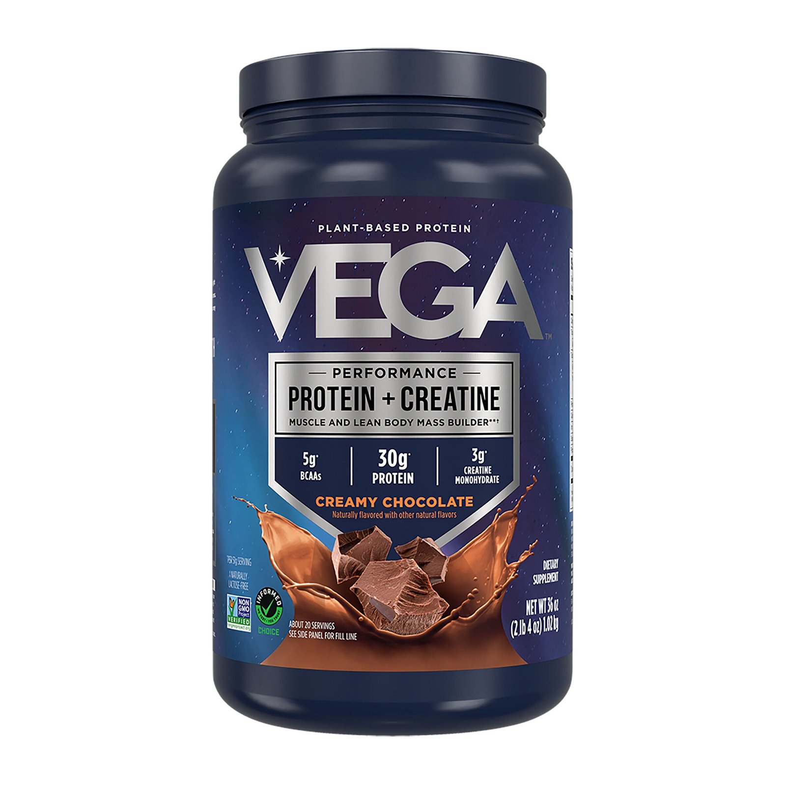 Creamy Chocolate plant-protein combination powder, shown as a flavored example rather than an unflavored match