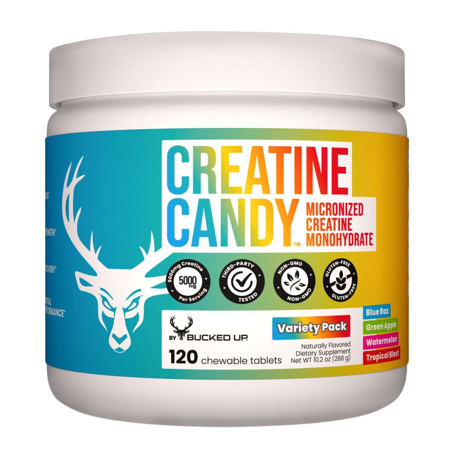 500952_Bucked_Up_Creatine_Candy_120ct_Front.jpg Bucked Up® Creatine Candy™ - Variety Pack - 120 Chewable Tablets (24 Servings) - Image 1