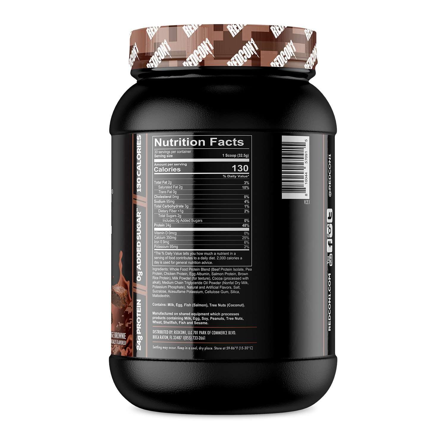 Fudge Brownie protein powder back panel for locating serving size and servings per container