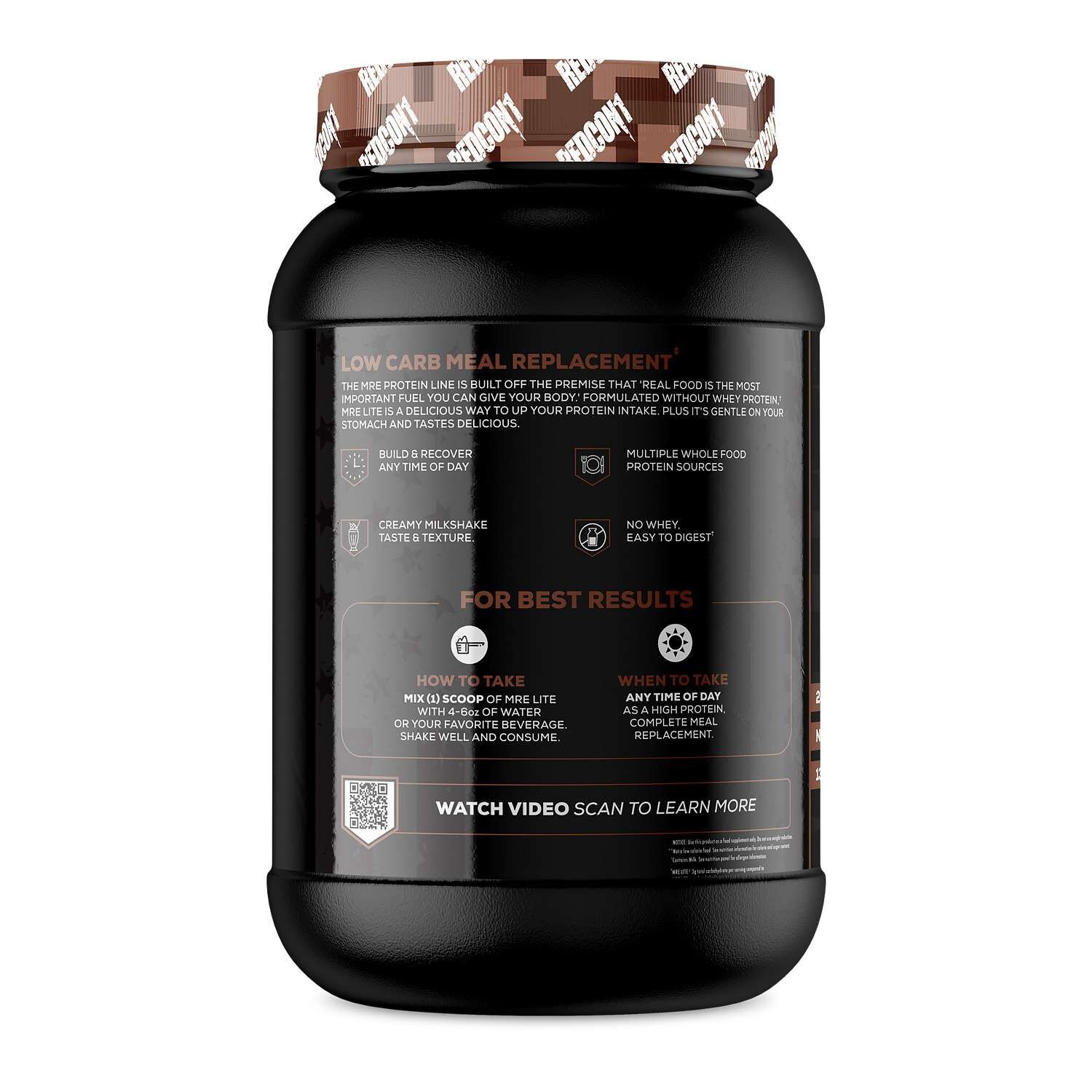 Side view of Fudge Brownie protein powder packaging for matching the exact tub in a comparison