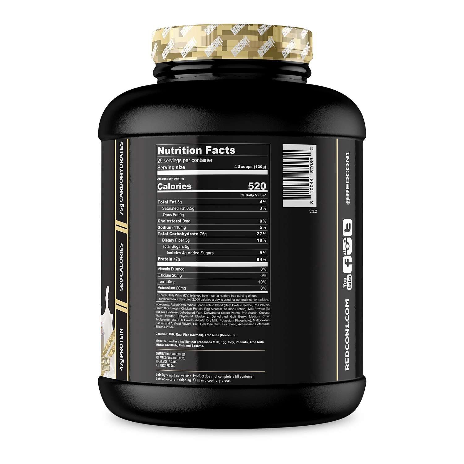 Back panel of a Vanilla Milkshake powder showing where to examine serving and ingredient information