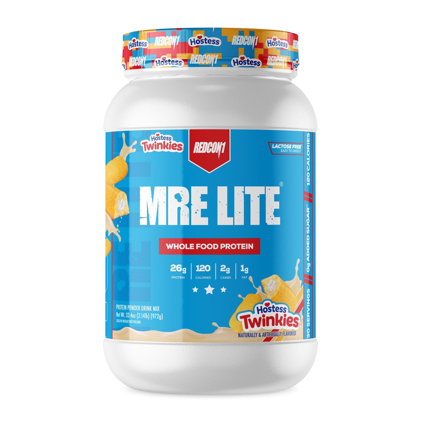 Hostess Twinkies flavor protein powder tub illustrating a dessert-inspired product name
