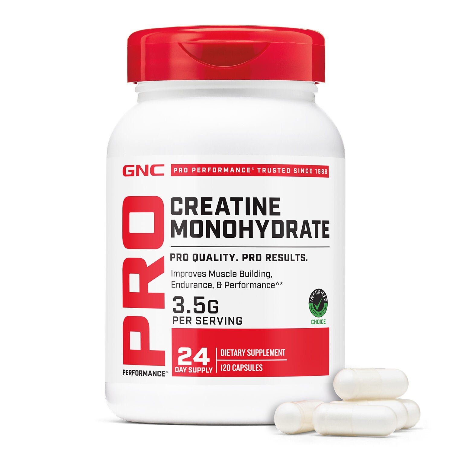 GNC Pro Performance Creatine capsule bottle illustrating a counted-unit format