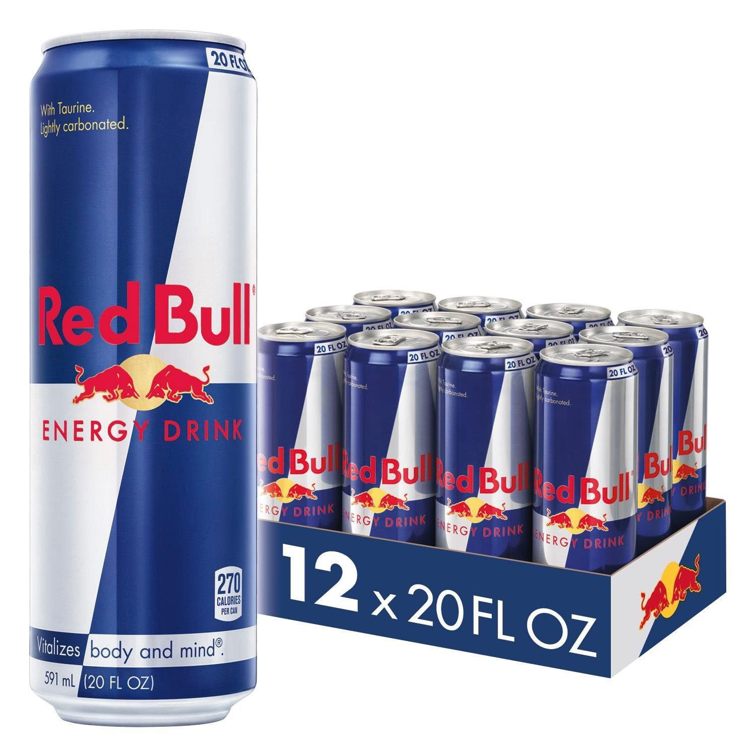 Red Bull 20-fluid-ounce twelve-can package illustrating a stated count and can volume