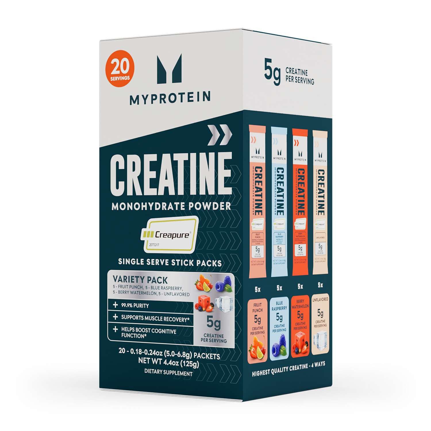 607347_MyProtein_CREATINE_VARIETY_Pack_20Pk_Front.jpg Myprotein Creapure® Creatine Monohydrate - Variety Pack (20 Servings) - Image 1