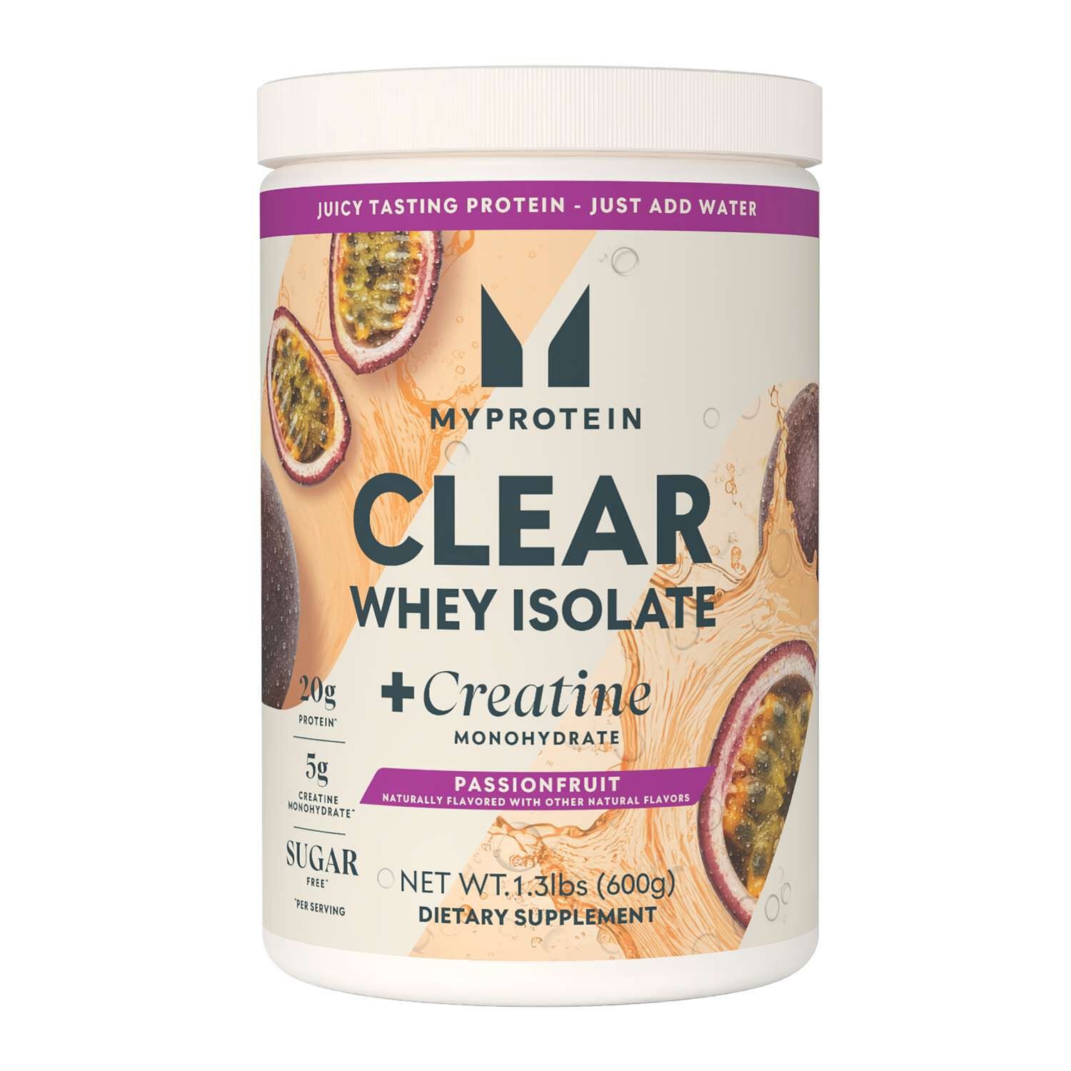 Myprotein Clear Whey Isolate plus Creatine Passionfruit container showing a detailed product identity