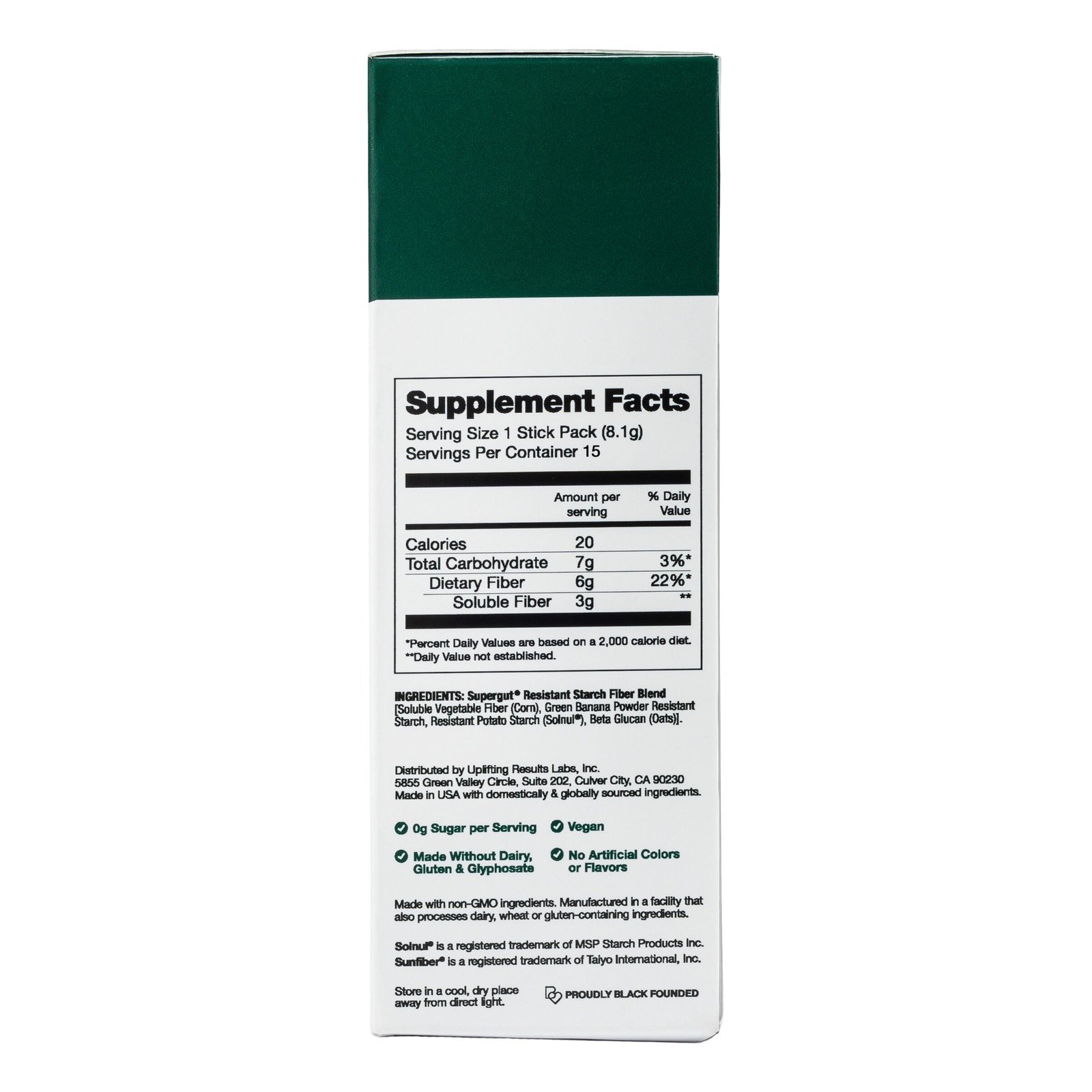 Back-panel photograph of the prebiotic fiber stick-pack product