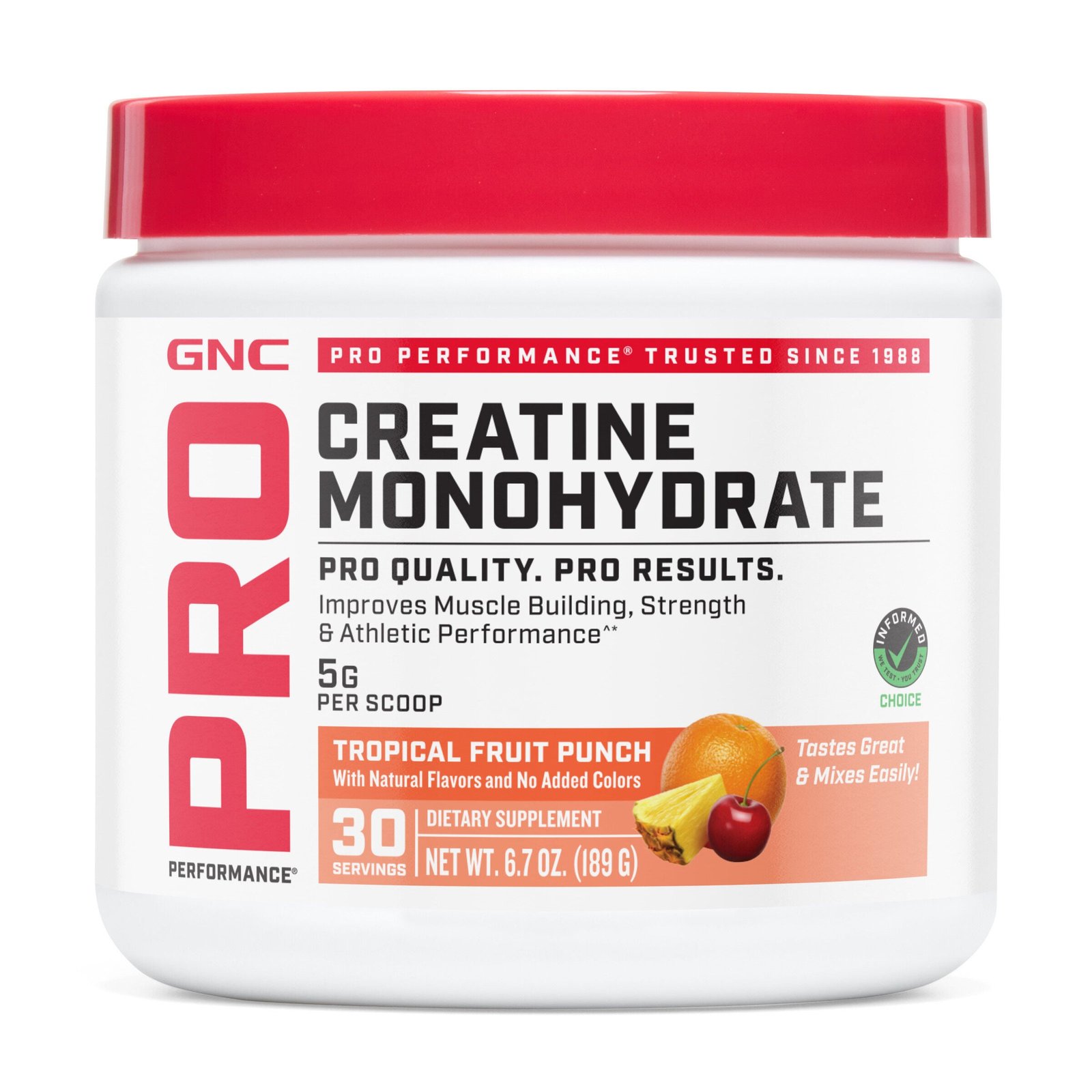 759046_GNC_Pro_Perfomance_Creatine_Tropical_Fruit_Punch_tub_Front.jpg GNC Pro Performance® Creatine Monohydrate - Tropical Punch (30 Servings) - Image 1
