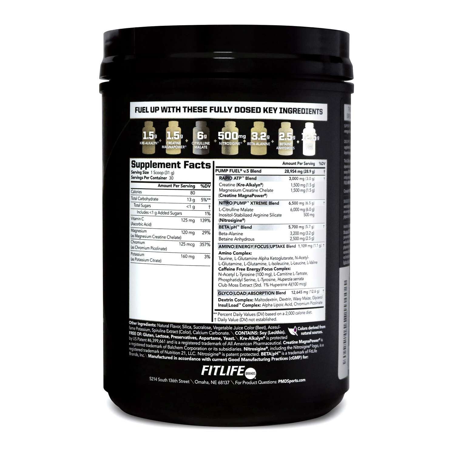 Back panel of PMD Ultra Pump Fuel Caffeine Free Blackberry Lemonade showing product information for label review