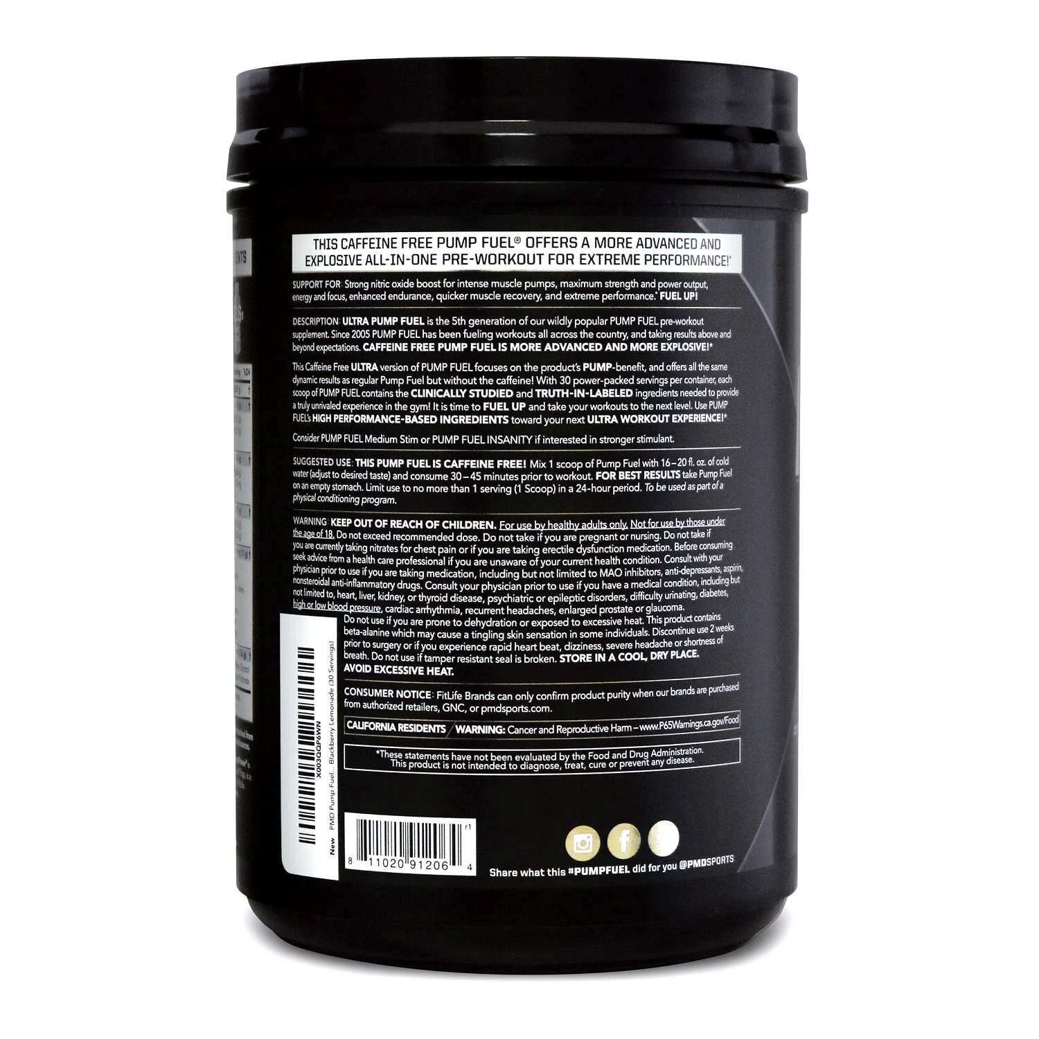 Side panel of PMD Ultra Pump Fuel Caffeine Free Blackberry Lemonade as a product-version reference