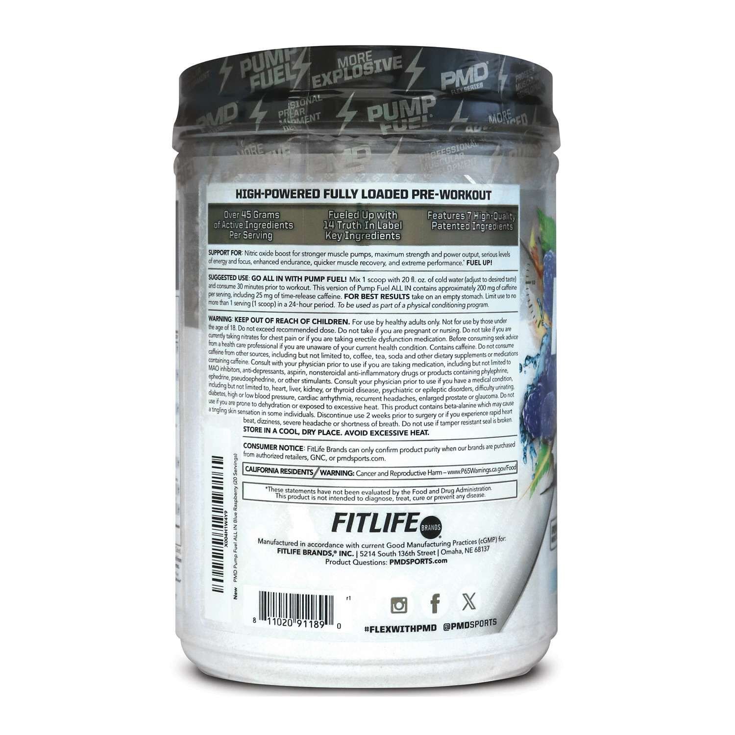Side view of a Blue Raspberry pre-workout tub illustrating the need to review the complete package