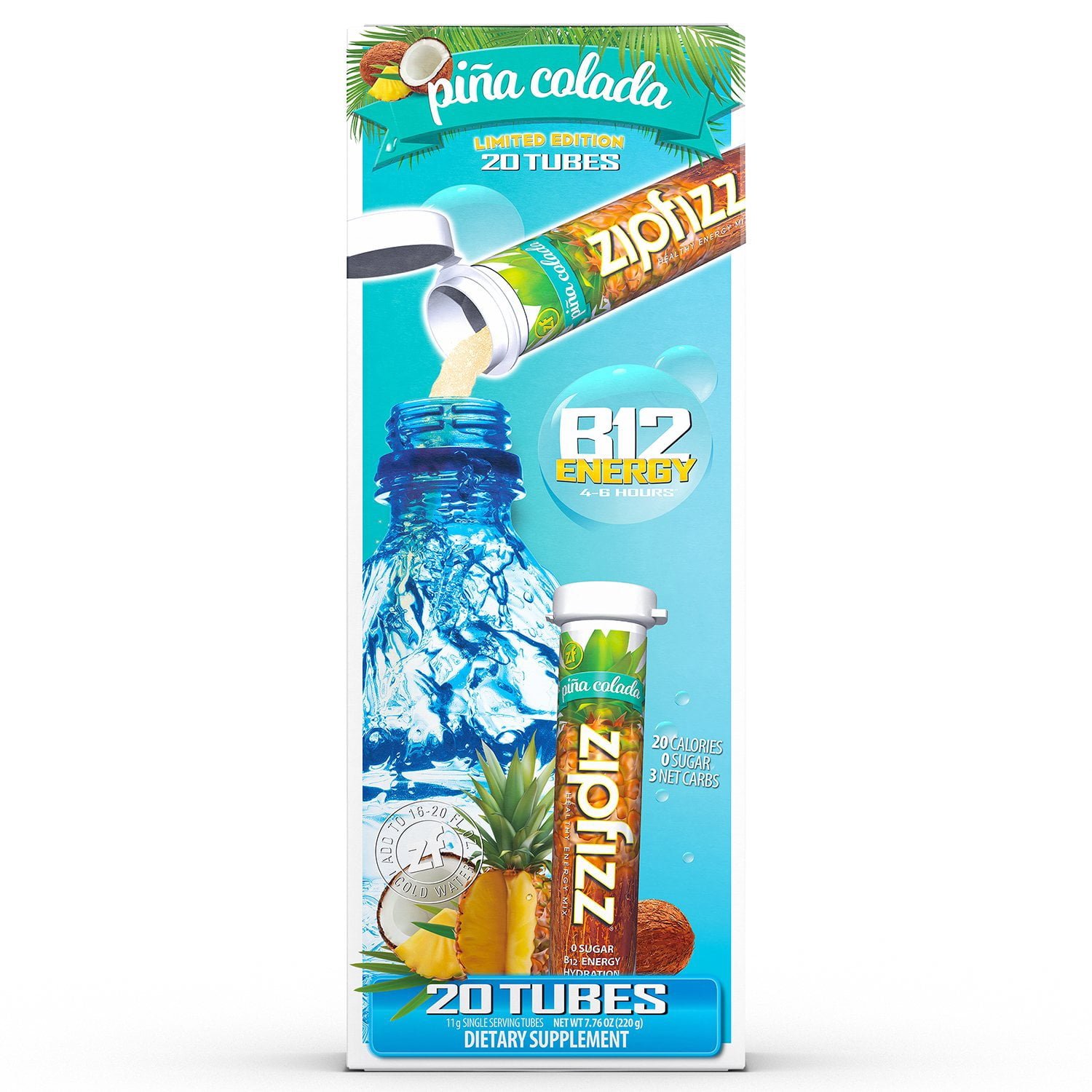 Zipfizz Pina Colada drink-mix package product photograph